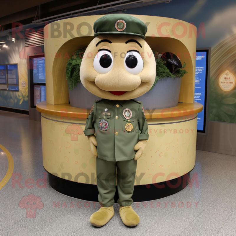 Olive Bagels mascot costume character dressed with a Cargo Pants and Lapel pins Olive Bagels mascot costume character dressed with a Cargo Pants and Lapel pins