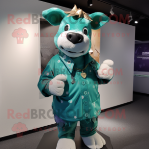 Teal Cow mascot costume character dressed with a Cardigan and Brooches