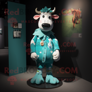 Teal Cow mascot costume character dressed with a Cardigan and Brooches