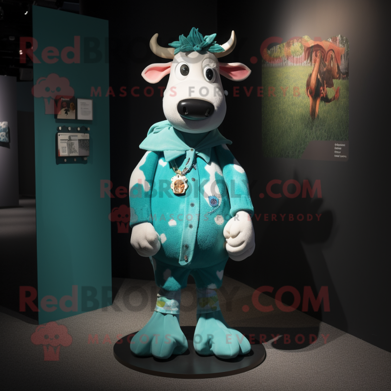 Teal Cow mascot costume character dressed with a Cardigan and Brooches Teal Cow mascot costume character dressed with a Cardigan and Brooches