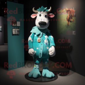 Teal Cow mascot costume character dressed with a Cardigan and Brooches
