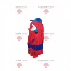 Rotes Schneemannmaskottchen mit Fransen und blauem Hut -