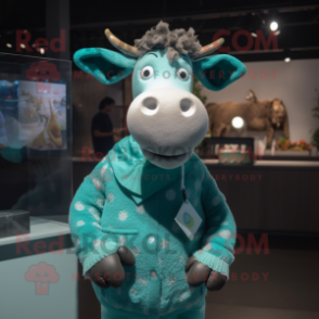 Teal Cow mascot costume character dressed with a Cardigan and Brooches