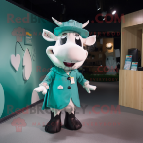 Teal Cow mascot costume character dressed with a Cardigan and Brooches