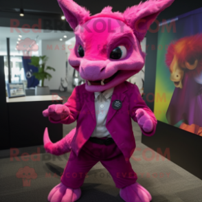 Magenta Chupacabra mascot costume character dressed with a Mini Dress and Pocket squares