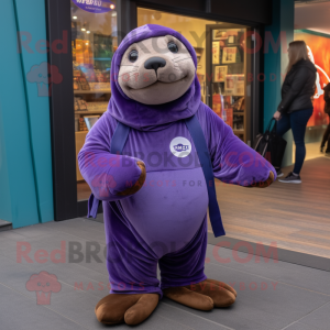 Purple Sea Lion mascot costume character dressed with a Sweatshirt and Cummerbunds