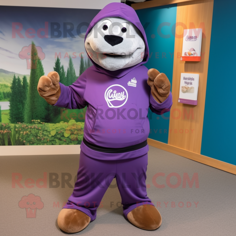 Purple Sea Lion mascot costume character dressed with a Sweatshirt and Cummerbunds