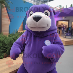 Purple Sea Lion mascot costume character dressed with a Sweatshirt and Cummerbunds