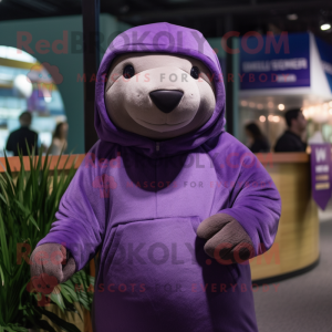 Purple Sea Lion mascot costume character dressed with a Sweatshirt and Cummerbunds