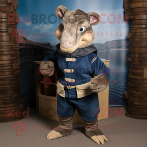 Navy Armadillo mascot costume character dressed with a Corduroy Pants and Belts