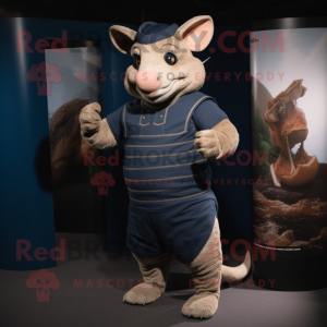 Navy Armadillo mascot costume character dressed with a Corduroy Pants and Belts