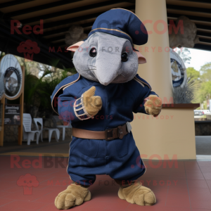 Navy Armadillo mascot costume character dressed with a Corduroy Pants and Belts