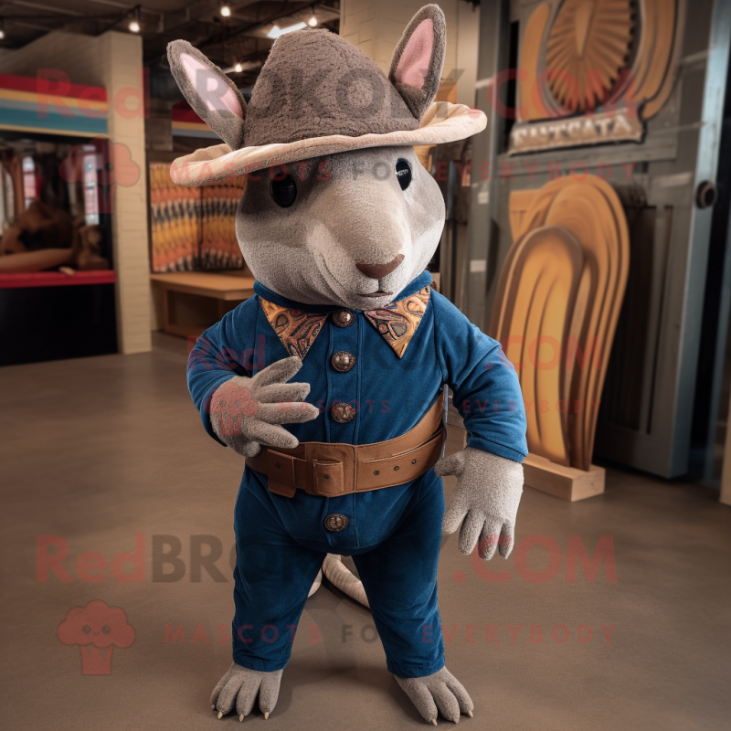 Navy Armadillo mascot costume character dressed with a Corduroy Pants and Belts