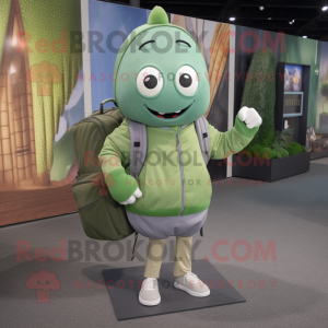 Gray Green Bean mascot costume character dressed with a Windbreaker and Backpacks