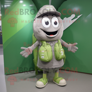 Gray Green Bean mascot costume character dressed with a Windbreaker and Backpacks