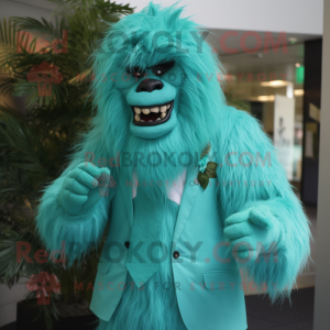 Turquoise Sasquatch mascot costume character dressed with a Suit and Tie pins
