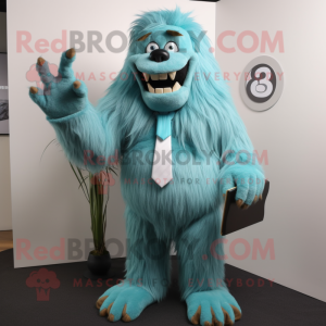 Turquoise Sasquatch mascot costume character dressed with a Suit and Tie pins