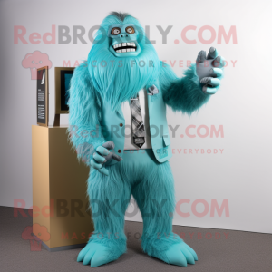 Turquoise Sasquatch mascot costume character dressed with a Suit and Tie pins