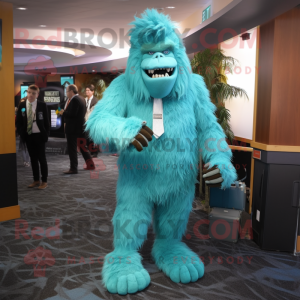 Turquoise Sasquatch mascot costume character dressed with a Suit and Tie pins