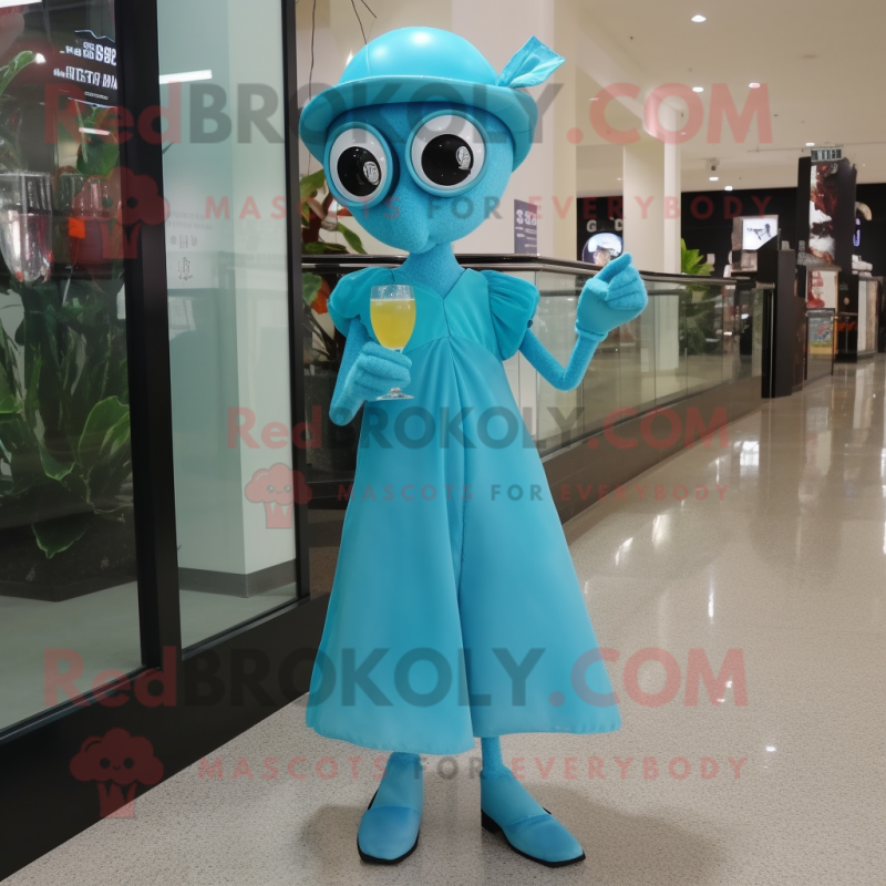 Cyan Pho mascot costume character dressed with a Cocktail Dress and Shoe clips Cyan Pho mascot costume character dressed with a Cocktail Dress and Shoe clips