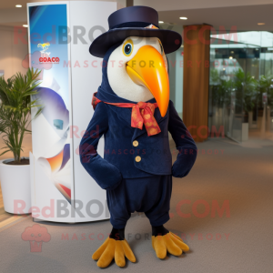 Navy Toucan mascot costume character dressed with a Waistcoat and Hat pins