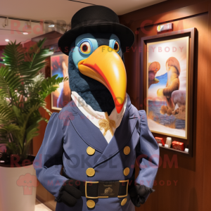 Navy Toucan mascot costume character dressed with a Waistcoat and Hat pins