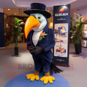 Navy Toucan mascot costume character dressed with a Waistcoat and Hat pins