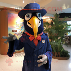 Navy Toucan mascot costume character dressed with a Waistcoat and Hat pins