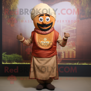 Rust Biryani mascot costume character dressed with a Vest and Shawls