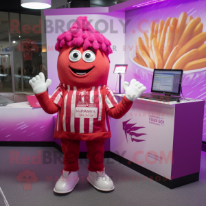 Magenta French Fries mascot costume character dressed with a Button-Up Shirt and Messenger bags