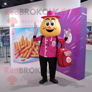 Magenta French Fries mascot costume character dressed with a Button-Up Shirt and Messenger bags