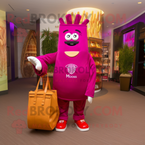 Magenta French Fries mascot costume character dressed with a Button-Up Shirt and Messenger bags