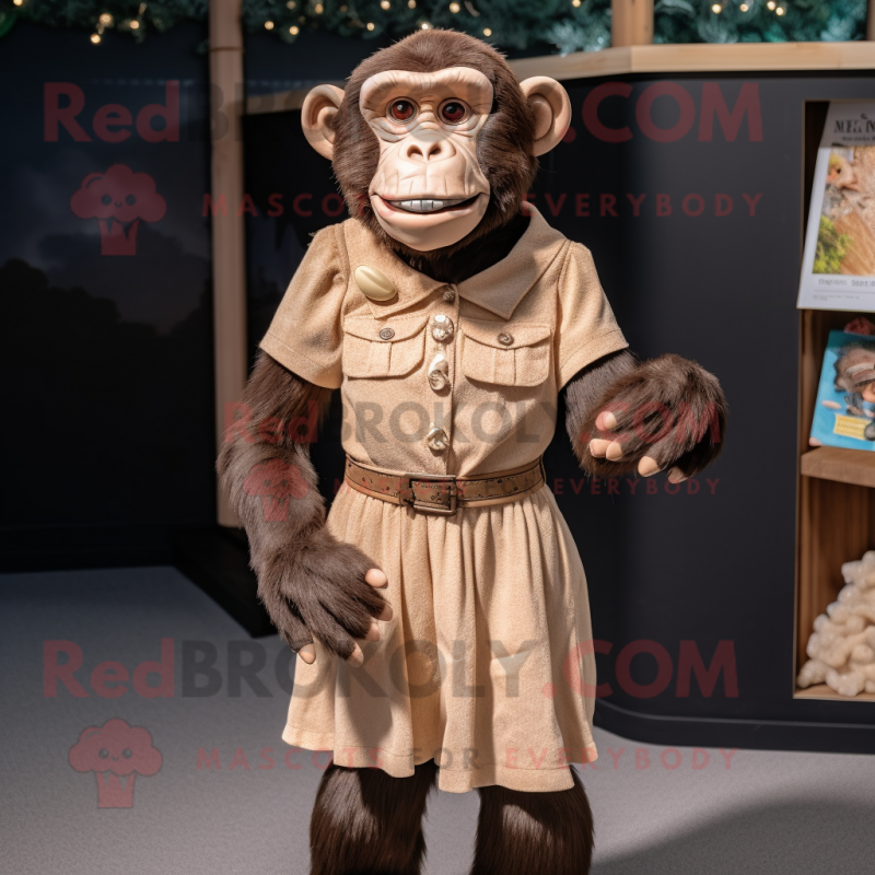 Tan Chimpanzee mascot costume character dressed with a Pleated Skirt and Necklaces Tan Chimpanzee mascot costume character dressed with a Pleated Skirt and Necklaces