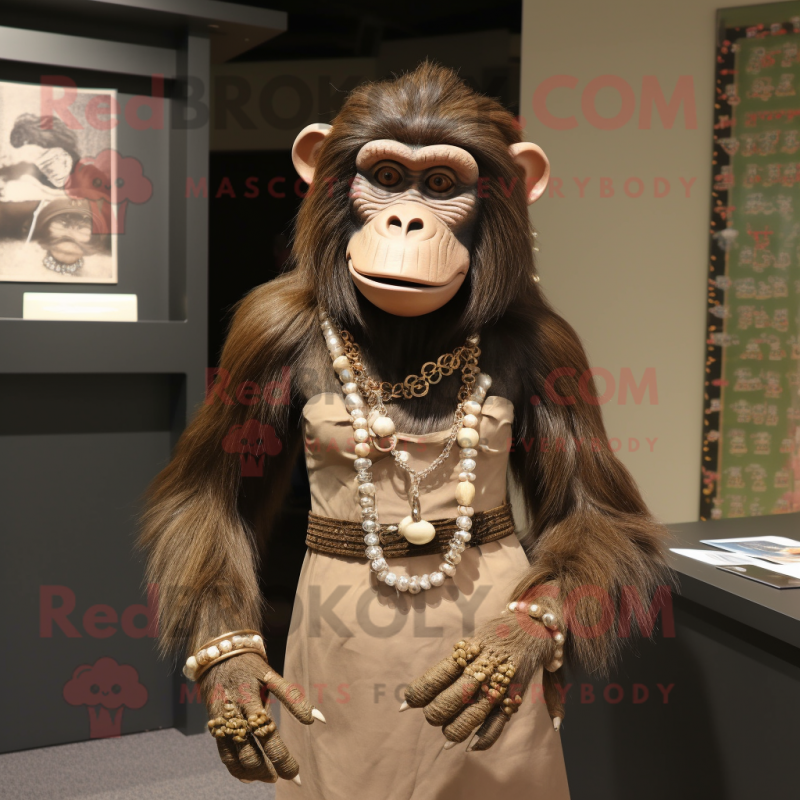 Tan Chimpanzee mascot costume character dressed with a Pleated Skirt and Necklaces