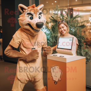 Tan Thylacosmilus mascot costume character dressed with a Shift Dress and Smartwatches