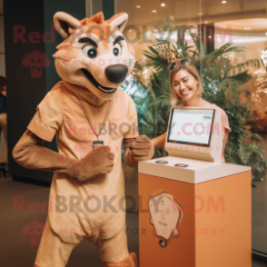 Tan Thylacosmilus mascot costume character dressed with a Shift Dress and Smartwatches