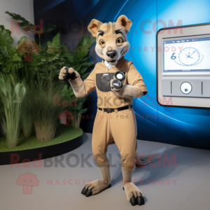 Tan Thylacosmilus mascot costume character dressed with a Shift Dress and Smartwatches