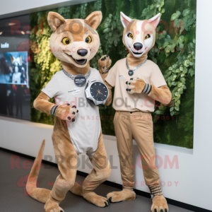 Tan Thylacosmilus mascot costume character dressed with a Shift Dress and Smartwatches