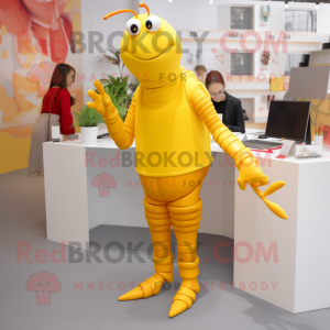 Yellow Lobster Bisque mascot costume character dressed with a Pencil Skirt and Lapel pins