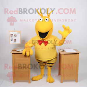 Yellow Lobster Bisque mascot costume character dressed with a Pencil Skirt and Lapel pins