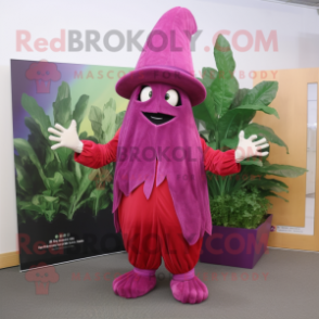 Magenta Spinach mascot costume character dressed with a Capri Pants and Hat pins