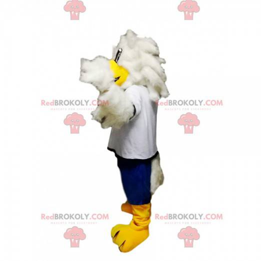 Golden eagle mascot with a white jersey and blue shorts -