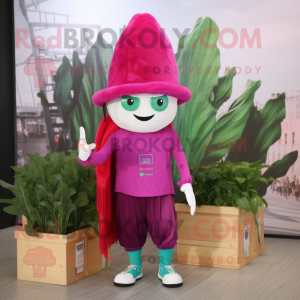 Magenta Spinach mascot costume character dressed with a Capri Pants and Hat pins