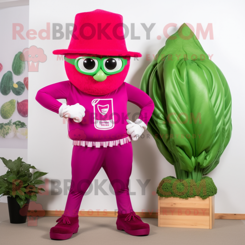 Magenta Spinach mascot costume character dressed with a Capri Pants and Hat pins