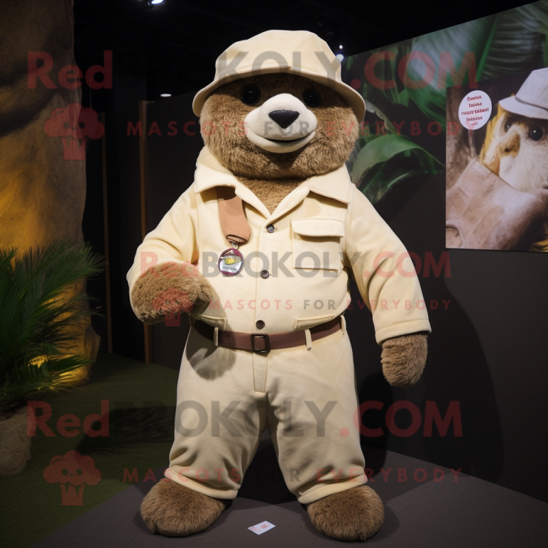 Cream Giant Sloth mascot costume character dressed with a Corduroy Pants and Berets