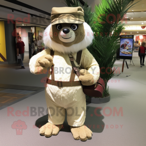 Cream Giant Sloth mascot costume character dressed with a Corduroy Pants and Berets