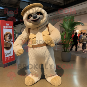 Cream Giant Sloth mascot costume character dressed with a Corduroy Pants and Berets