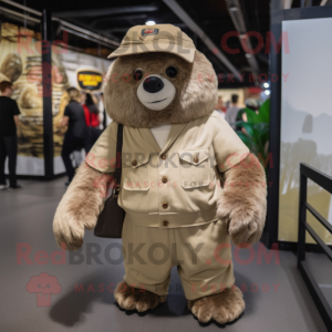 Cream Giant Sloth mascot costume character dressed with a Corduroy Pants and Berets