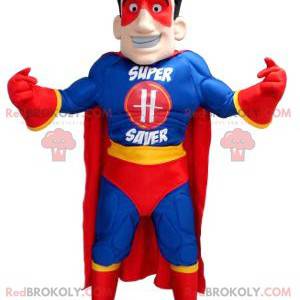 Mascote do super-herói em traje azul amarelo e vermelho -