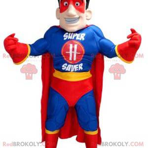 Superheld mascotte in blauw, geel en rood outfit -